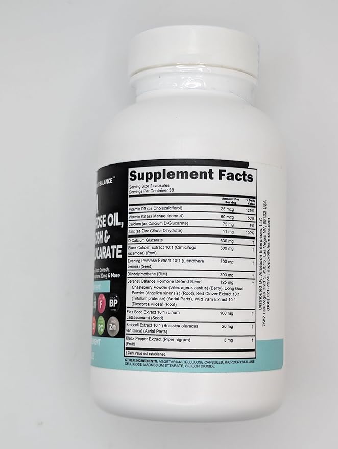 Clean Nutraceuticals DIM Evening Primrose Black Cohosh Calcium D-Glucarate Sulforaphane Flax Seed Extract - Hormonal Support Vitamins for Women with Dong Quai - 60 Caps