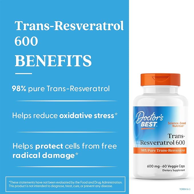 Doctor's Best Trans- Resveratrol 600, 98% Pure Trans-Resveratro, Non-GMO, Gluten Free, Soy Free, Vegan 60 Veggie Caps