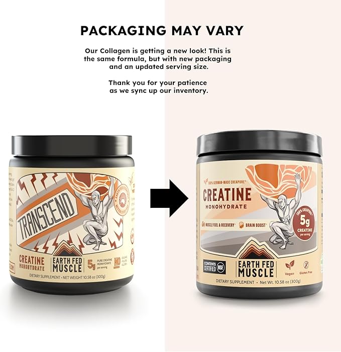 Earth Fed Muscle Transcend Creatine Monohydrate - 100% German Creapure, Muscle Recovery, Muscle Building, Cellular Energy Production - Gluten Free, Soy Free - Unflavored 5g per Serving, 60 Servings