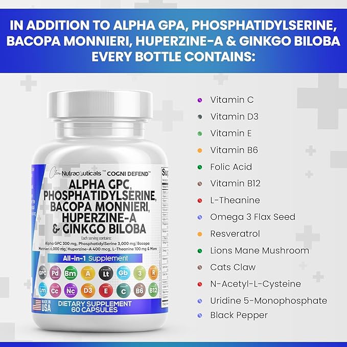 Clean Nutraceuticals Alpha GPC Choline Phosphatidylserine Bacopa Monnieri Ginkgo Biloba Huperzine A Supplement with Urdine Lions Mane Cats Claw NAC Vitamin C B D E