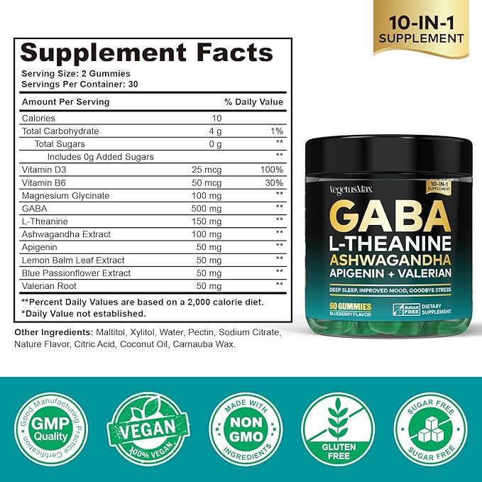 GABA L-Theanine Gummies Natural Stress Relief Supplement - Calm, Sleep, Relaxation & Mood Support, Magnesium, Vitamin B6, Ashwagandha, Apigenin, Non-Habit Forming Sugar free Gummy, Blueberry Flavor