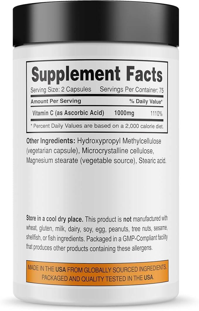 It's Just! - Vitamin C, Ascorbic Acid, 1000mg Daily Supplement Vegan Capsules, Immune Support, Healthy Living, (150ct Veggie Capsules)