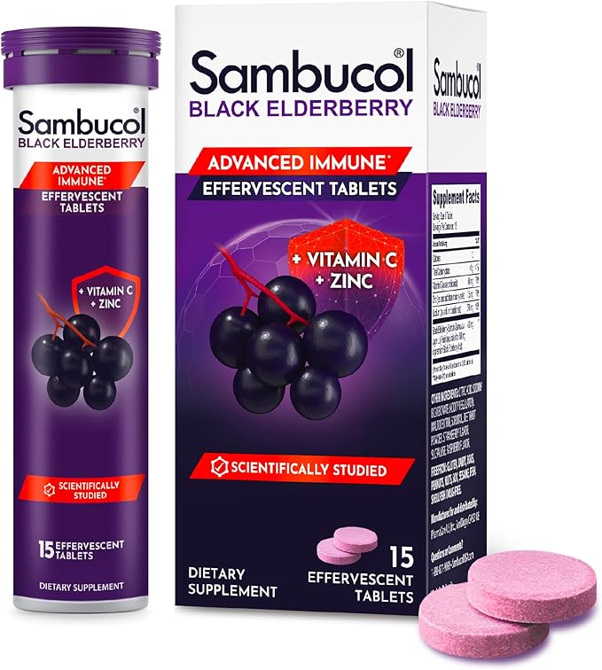 Sambucol Black Elderberry Effervescent Tablets - Elderberry with Zinc and Vitamin C for Adults, Elderberry Dissolving Tablets, Berries - 15 Count