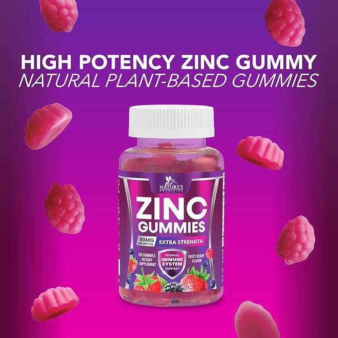 Zinc Gummies 50mg - Bone Skin & Immune Support Health Gummy & Premium Antioxidant Chewable for Adults - High Absorption Vegan, Gluten Free Zinc Supplements Vitamin - Tasty Berry Flavor - 120 Gummies