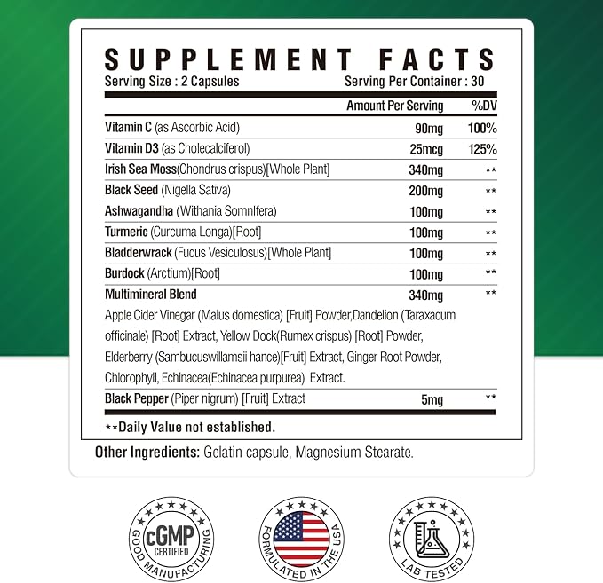 Sea Moss Black Seed Oil Ashwagandha Ginger Supplement - Irish Sea Moss with Turmeric, Bladderwrack & Burdock - 16 in 1 Immune, Joint and Gut Support - 60 Capsules