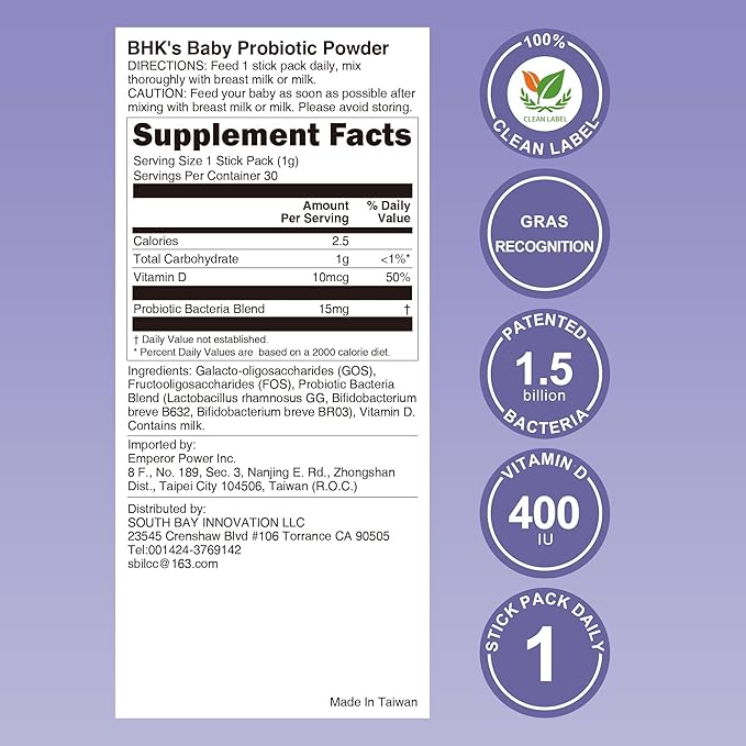 BHK's Baby Probiotic Powder,+ Vitamin D,Reduces Colic,Gas & Spit-ups,Healthy Poops,Reduces Crying & Fussing & Promotes Digestive Comfort,Newborns, Babies & Infants, 30 Sticks