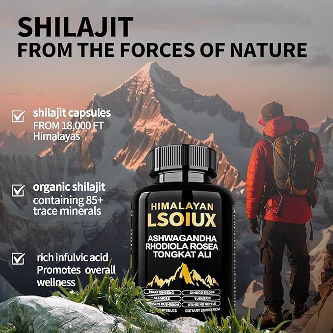 Shilajit Pure Himalayan Organic - 26500MG Shilajit for Men- Enriched with Fulvic Acid and Ashwagandha Ginseng Root Extract for Men/Women-120 Capsules