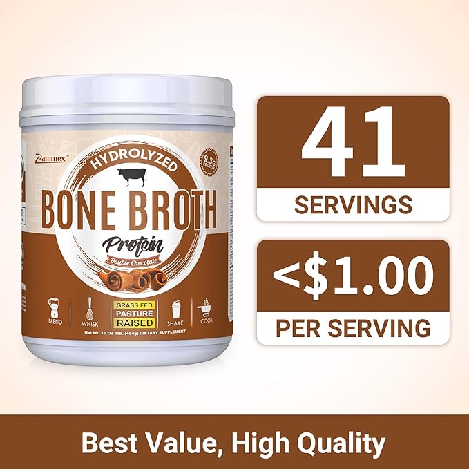Zammex Bone Broth Protein Powder, Pure Grass Fed Beef, Chocolate Protein Powder,Hydrolyzed Collagen Supplement for Healthy Skin,Nails,Hair,Joints, Non-GMO,Gluten Free, Great in Shakes