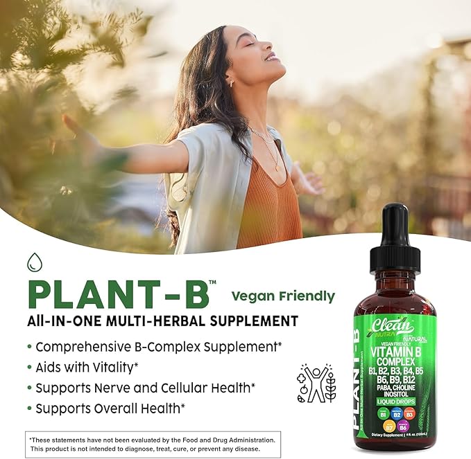 Vitamin B Complex Liquid Drops | Thiamine B1, B6, B2, B3, B4, B5, B7 B9, B12, Niacinamide, Paba, Choline Inositol Taurine Probiotics Beet Root Spirulina - Plant-B Vitamin Supplements - Clean Nutra (2)