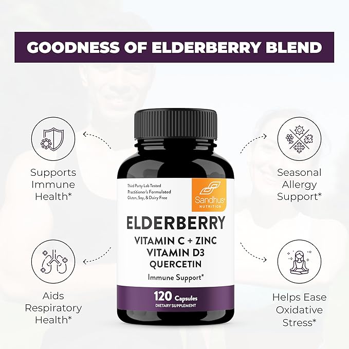 Sandhu's Quercetin with Elderberry Vitamin C & Zinc Capsules for Men & Women | Supports Immune Health | 120 Count (Pack of 1)