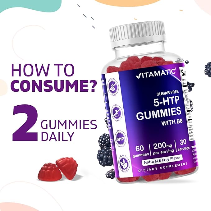 Vitamatic Sugar Free 5-HTP 200mg Gummies with B6 – 60 Pectin-Based Gummies – Mood Support & Stress Relief