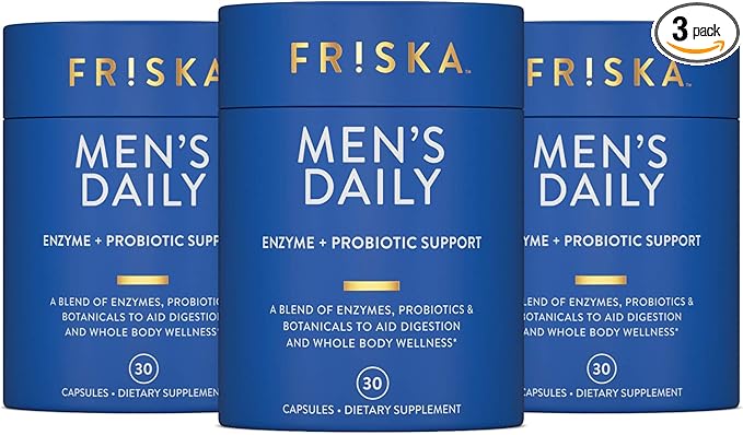 FRISKA Men’s Daily Digestive Enzyme and Probiotics Supplement, Natural Support for Male Digestive Health, Bloating, Gas, Indigestion Relief, Supports Gut Health, Lactase and B-Vitamins, 90 Capsules