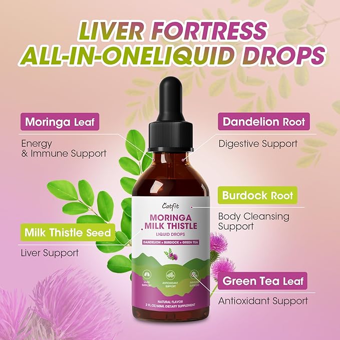 Moringa Milk Thistle Liquid Drops - Liver Health, Immune Support, Antioxidant Blend with Burdock, Green Tea & Dandelion - Moringa Capsules Alternative - Vegan, Natural Flavor,2 Fl Oz