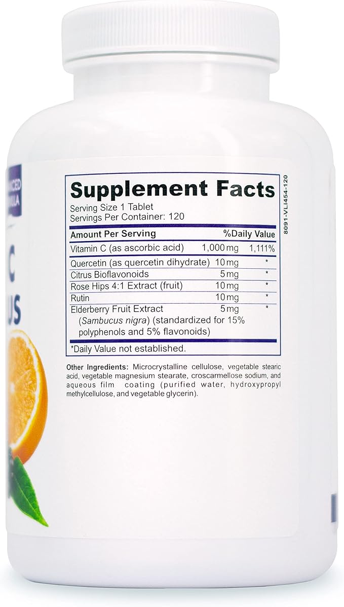 Immunity Vitamin C 1000mg with Elderberry, Quercetin, Bioflavonoids, Rose Hips, Rutin - 4 Months Supply, 120 Tablets - Immune System Support