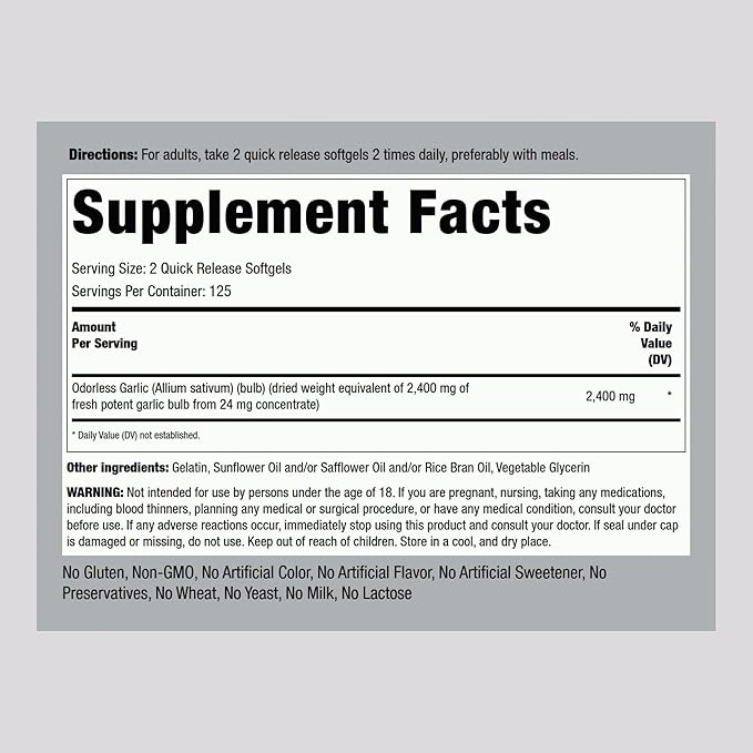 Piping Rock Odorless Garlic Softgels 2400mg | 250 Pills | High Potency Extract | Herbal Supplement | Non-GMO, Gluten Free