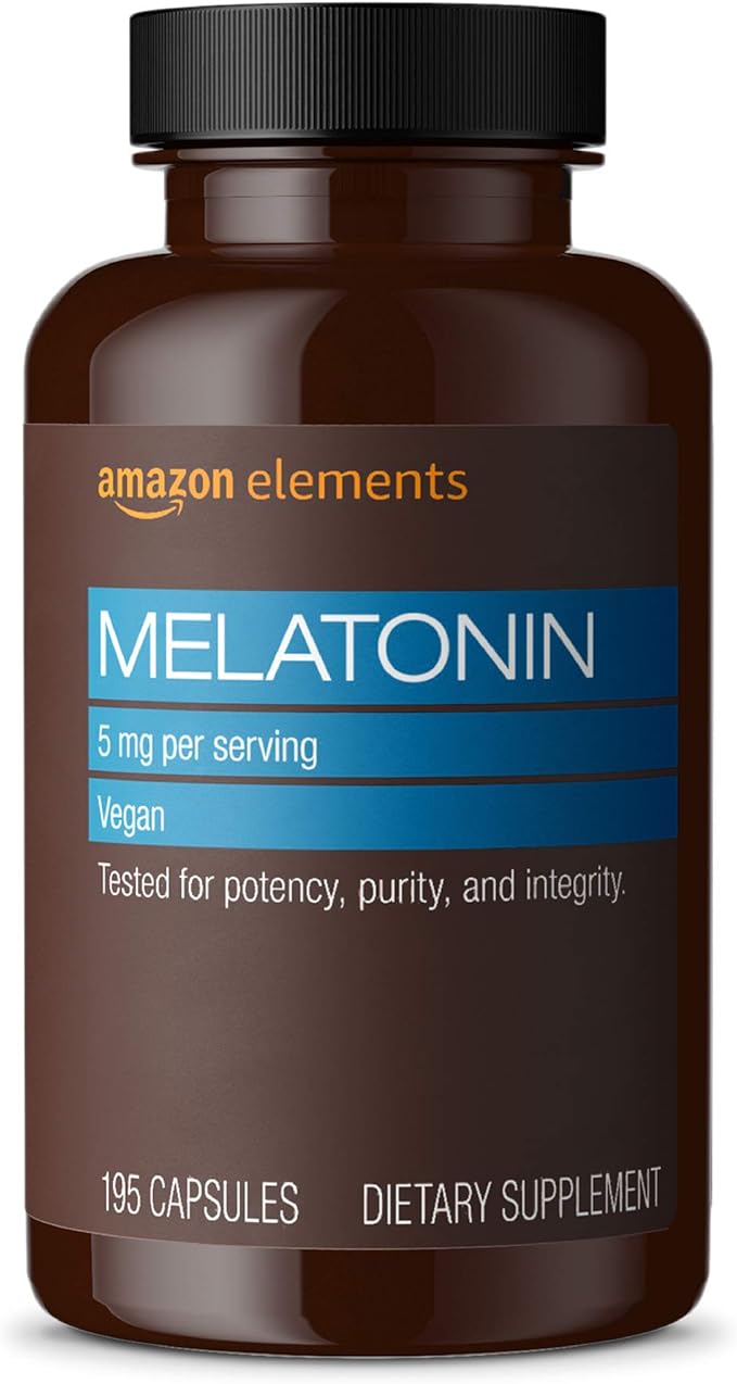 Amazon Elements - Melatonin 5mg Capsules, Helps with occasional sleeplessness, Vegan, Unflavored, 195 Count (Pack of 1), 6 month supply (Packaging may vary)