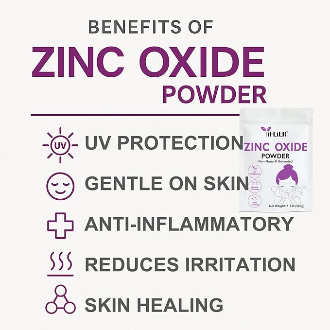 Zinc Oxide Powder | 500g(1.1 lb) 100% Pure Non Nano Uncoted Zinc Oxide Powder for Skin Protection | Cosmetics Grade Ideal for DIY Sunscreen, Lotion, Deodorant, and Skincare