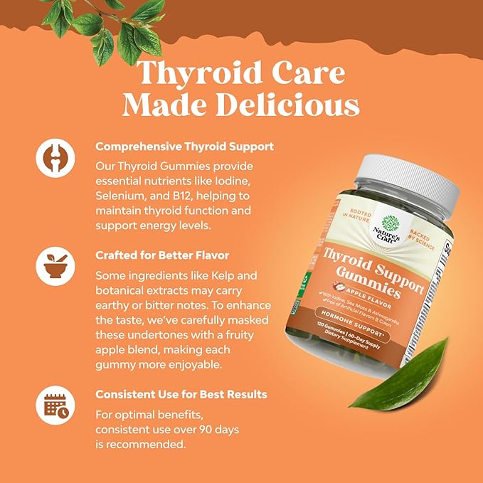 Natures Craft Vegan Thyroid Gummies with Sea Moss - Thyroid Support Gummies for Comprehensive Support for Men and Women with Iodine Selenium and Other Potent Vitamins - Gelatin-Free Non-GMO 120