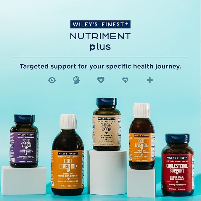 Wiley's Finest Wild Alaskan Fish Oil Cholesterol Support - Heart Health Supplement for Men and Women - 560mg Omega-3s - 120 Softgels (60 Servings)