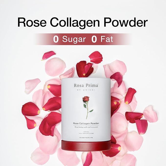 Unichi Rose Collagen Peptides Powder, Hydrolysed Marine Collagen Type I, III with Vitamins A, C, E in Rose Petal Powder for Hair, Nails and Skin Health, 0 Sugar, 0 Fat, Rose Petal Flavour, 30 Servings
