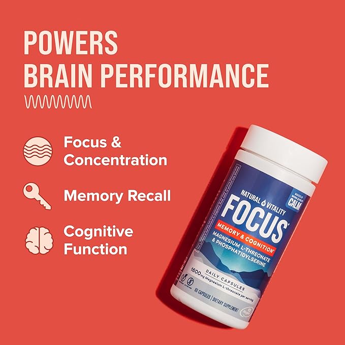 Natural Vitality Focus, Magnesium L-Threonate and Phosphatidylserine Nootropic Brain Supplements for Memory, Focus, and Cognition, Gluten Free, Vegetarian, 60 Capsules