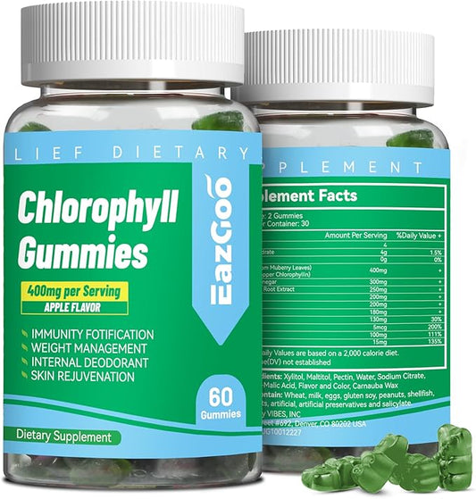Sugar Free Chlorophyll Gummies, Vitamin B12 Zinc - Natural Deodorant*, Supports Healthy Skin & Body Detox*, Immune & Digestion Support, Chewable Chlorophyll Supplement for Women - 60 Count