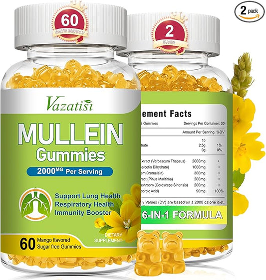 Mullein Gummies, Mullein Leaf Extract with Bromelain, Quercetin, Pine Bark Support Lung Cleanse for Healthy Breathing, 120ct