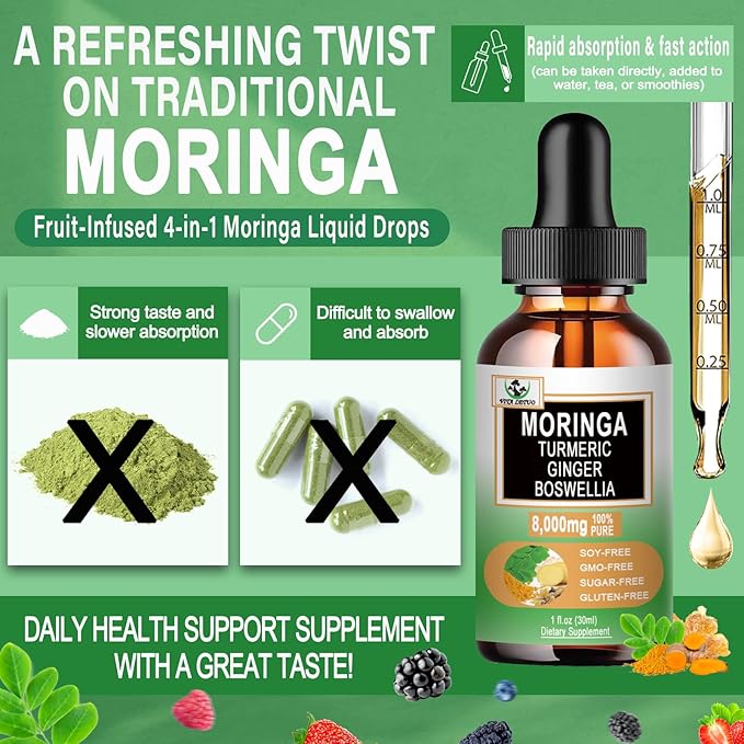Moringa Drops - Organic Moringa Leaf Extract Liquid with Turmeric Ginger Boswellia for Energy, Skin Health, Gut Health - High Absorption Green Superfood w/Essential Vitamins & Amino Acids