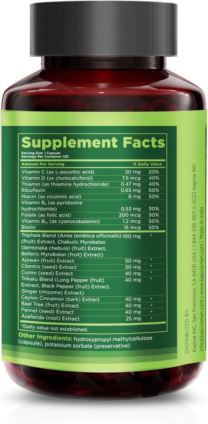Digestive Support Supplement with Triphala, Ajwain, Cumin, and Other Herbs and Vitamins, Supports Healthy Digestion and Gut Health, 60 Day Supply, 120 Capsules