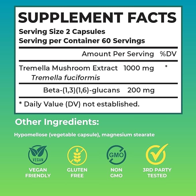 Tremella Mushroom Extract Capsules 1000mg | Snow Mushroom (Tremella fuciformis) Supplement for Skin, Hair, Nails, Healthy Joints, Brain Health, Immunity | 120 Vegan Capsules, Non-GMO