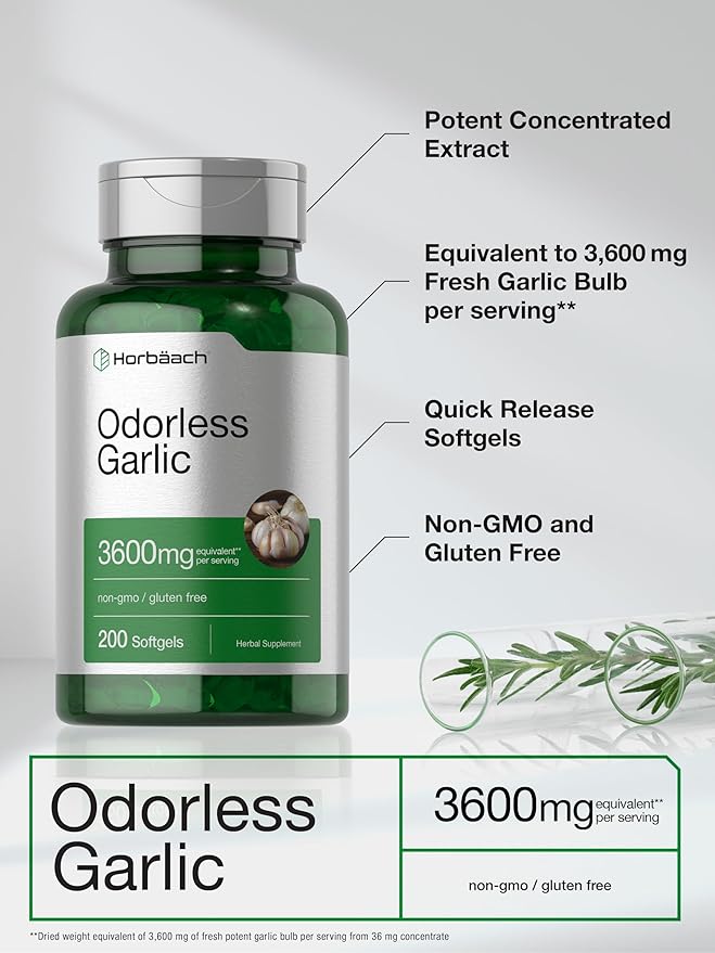 Horbäach Odorless Garlic Softgels 3600 mg | 200 Count | Ultra Potent Garlic Extract | Non-GMO & Gluten Free Supplement