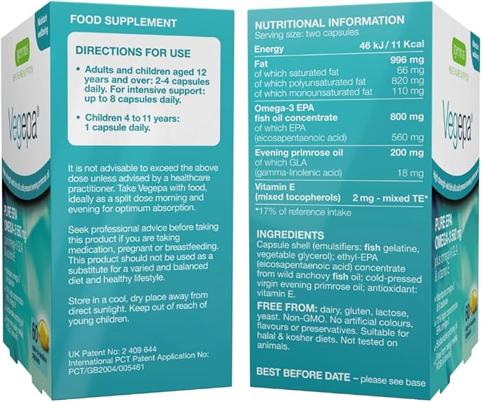 Vegepa Omega 3 Wild Fish Oil & Evening Primrose Oil Blend, 560 mg EPA Plus GLA, 60 Small Softgels