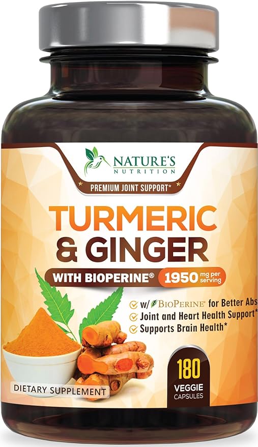 Turmeric Curcumin Supplement 1950mg with Organic Turmeric & Ginger, 95% Curcuminoids, BioPerine Black Pepper for Best Absorption, Nature's Vegan Joint Support, Non-GMO, Bottled in USA - 180 Capsules