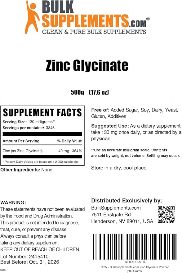 BulkSupplements.com Zinc Glycinate Powder - Zinc Supplement, for Immune Support - Gluten Free, 130mg per Serving, 500g (1.1 lbs) (Pack of 1)