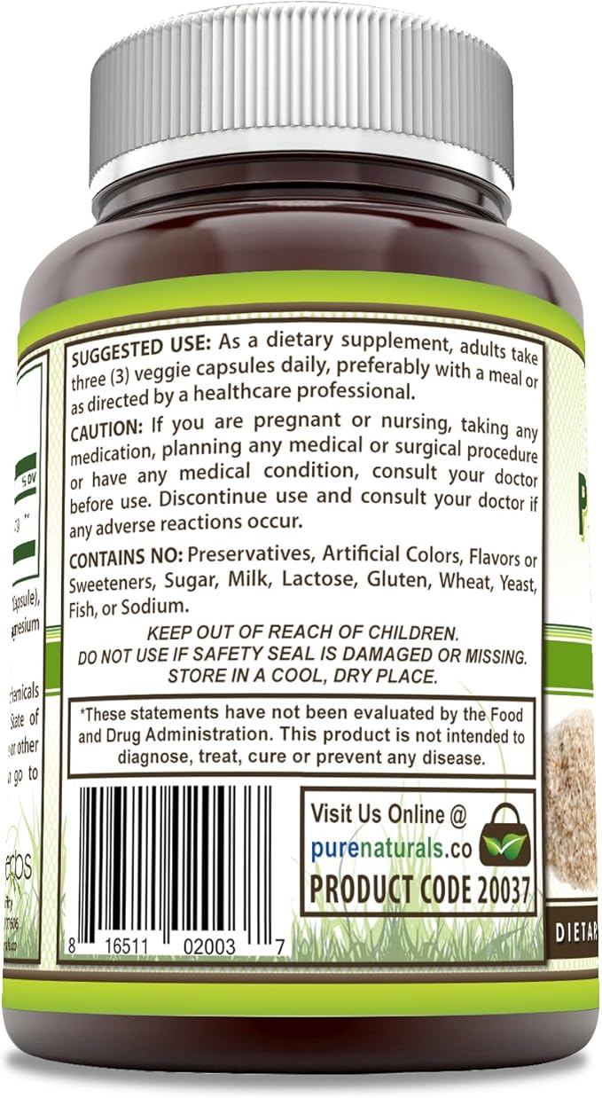 Pure Naturals Psyllium Husk 500mg 500 Veggie Capsules Supplement | Non-GMO | Gluten Free | Made in USA | Ideal for Vegetarians