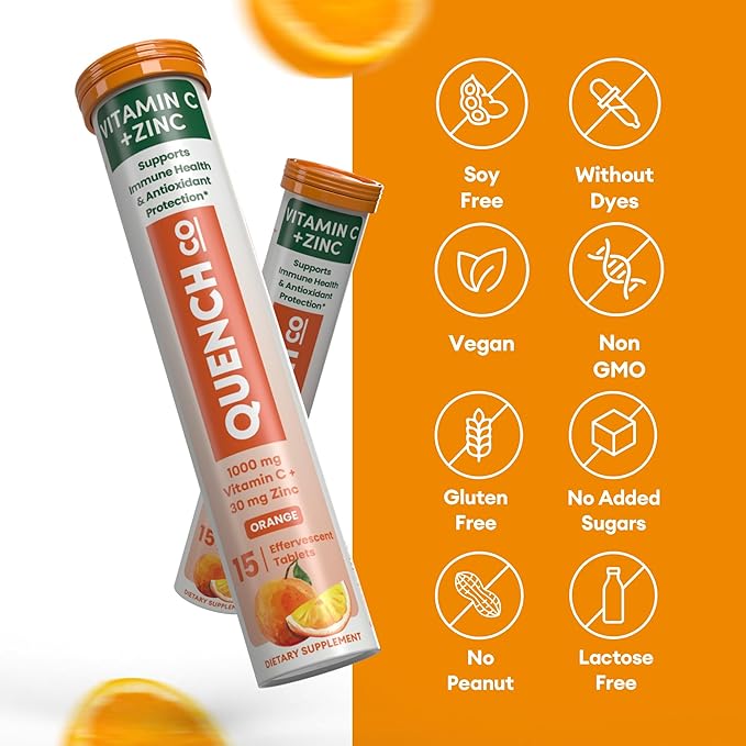 Quench Vitamin C & Zinc Effervescent Tablets - 1000mg, Sugar-Free, Immune Support Supplement, Includes Electrolytes, Orange Flavor Fizzy Drink - 30 Count