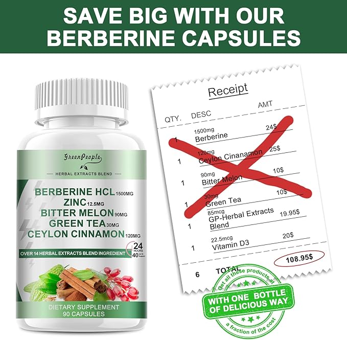 Berberine Supplement with Ceylon Cinnamon - Berberine 1500mg Activates AMPK & GLP-1 Berberine HCL Capsules with Bitter Melon/Artichoke Extracts & Natural Herbs for Immune Support 90 Count