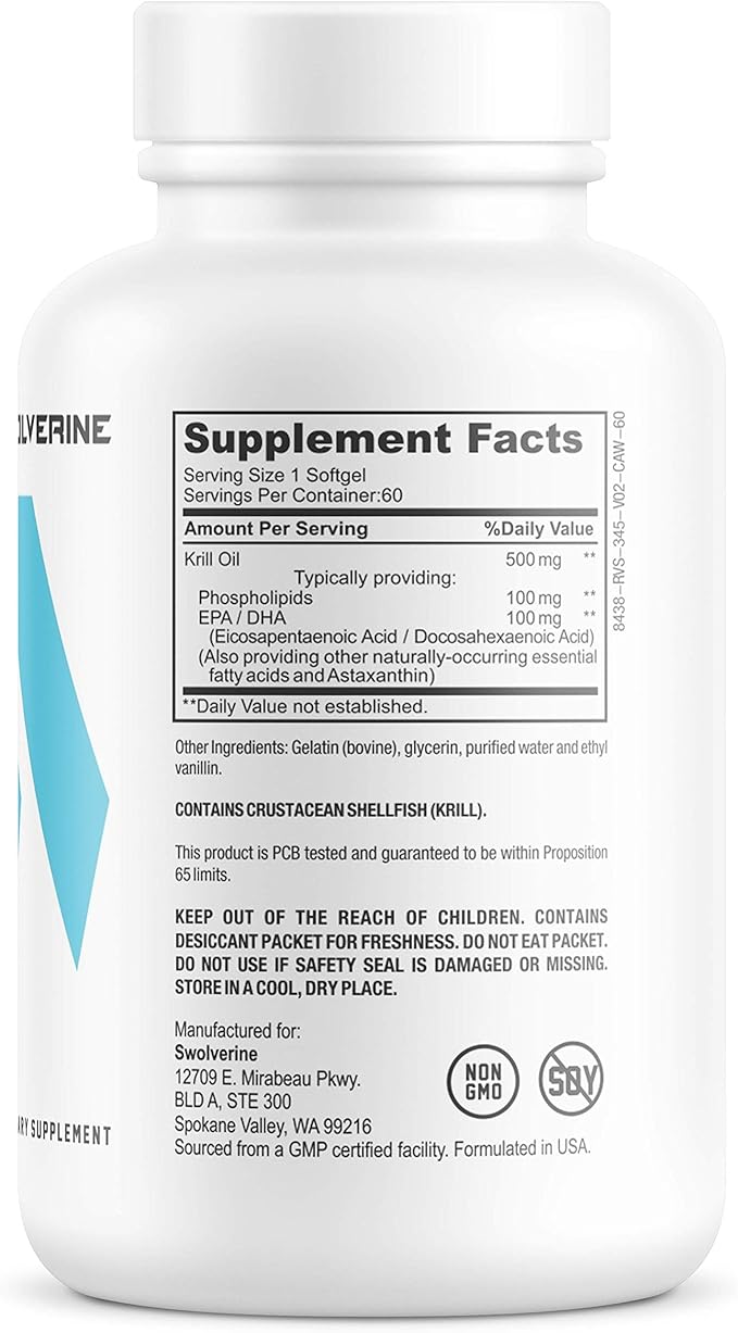Swolverine Krill Oil | 500mg of Krill Oil & Astaxanthin, Omega-3s, EPA & DHA, Fast Absorbing, Joint Relief, Heart Health (60 Servings)