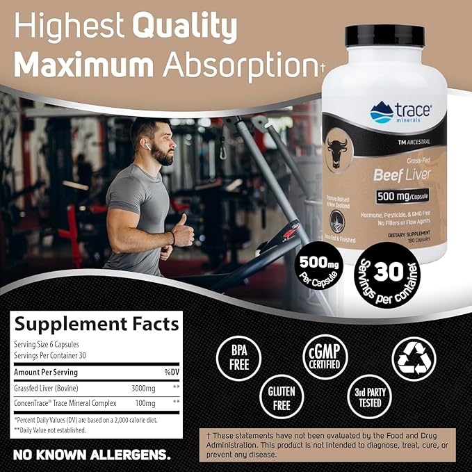 Trace Minerals Beef Liver, 500mg - Bone Health & Energy Support Supplement - Nutritional Supplement Aids Healthy Skin & Immunity - Beef Liver Supports Healthy Organs - 180 Capsules (30 Servings)