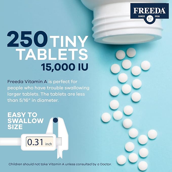 Freeda Vitamin A 15,000 IU – Retinyl Palmitate – Vegan, Kosher, No Fish – Eye, Vision, Immune & Skin Support – Tiny Easy-to-Swallow Tablets – VIT A Vitamina A Supplement – 250 Tablets
