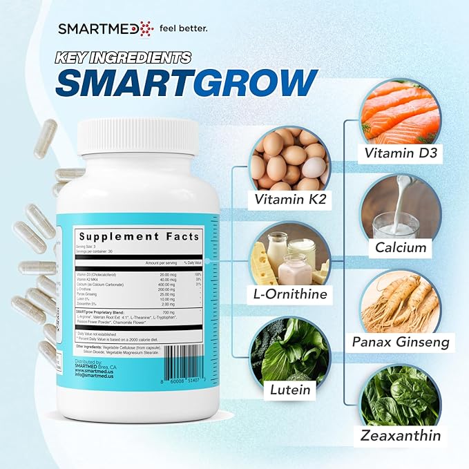 SMARTGROW 5-in-1 Premium Height Growth - Calcium, Vitamin D3, L-arginine - Sleep Aid for Maximum Growth, Immunity Support, Brain Health, Bone Strength, Eye Health (90 Count (Pack of 2))