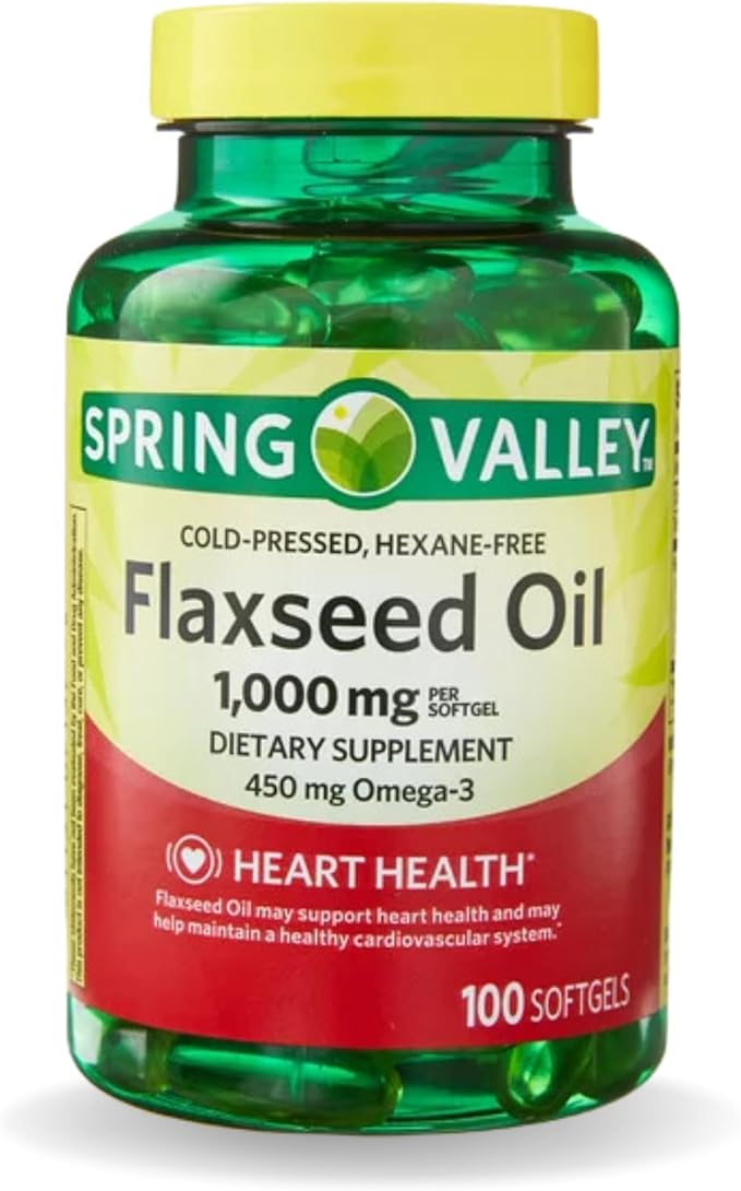 Flaxseed Oil Softgels - Vegan Omega 3,6 and 9 Dietary Supplement - Flaxseed 1000mg Softgels per Serving - Flax Seed Oil Pills by Spring Valley 100 Count (Pack of 1)