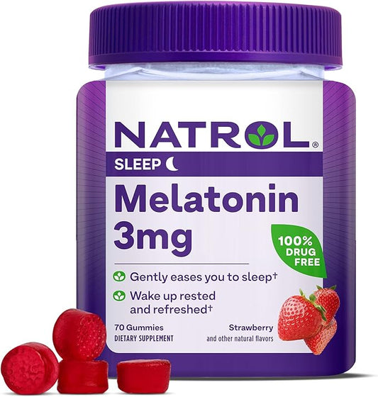 Natrol Melatonin Gummies, Sleep Support for Adults, 3 mg Melatonin Supplement for Sleeping, 70 Strawberry-Flavored Gummies, Up to a 70 Day Supply