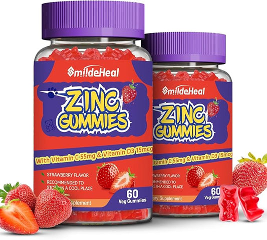 Zinc Gummies, Zinc 50mg, Zinc Citrate, with Vitamin C, Vitamin D3, Non-GMOs, Gluten Free, Strawberry Flavor Gummies, 60 Count (Pack of 2)