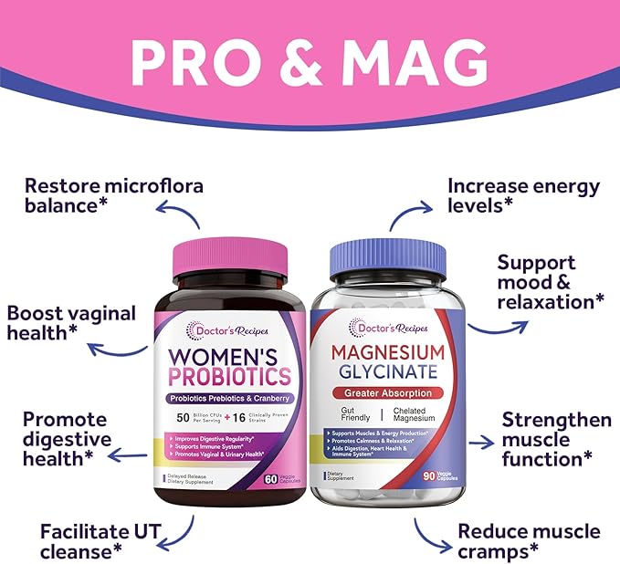 Doctor's Recipes Probiotics and Magnesium Glycinate Bundle - Optimum Gut Health & Muscle Function Support for Men & Women