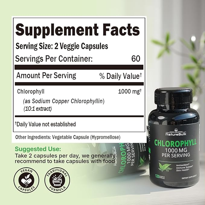Chlorophyll Capsules 1000mg - 100% Natural Potency Concentration for Women & Men, Gut Health, Skin Support - Natural Energy Booster, 120 Capsules
