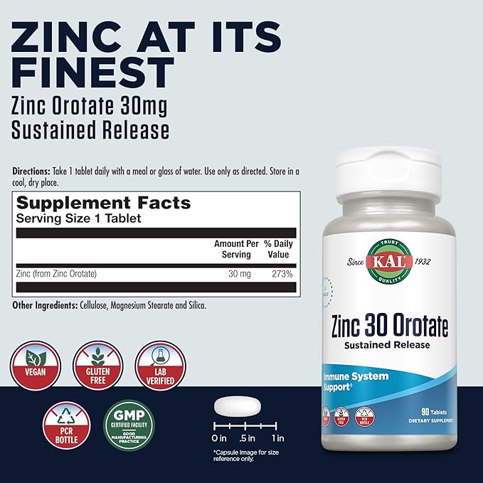 KAL Zinc Orotate 30mg, Sustained Release, Chelated Zinc Tablets, Immune Support Supplement, Protein Synthesis, Metabolism, Energy Support, Vegan, Gluten Free, 60-Day Guarantee, 90 Servings, 90 Tablets