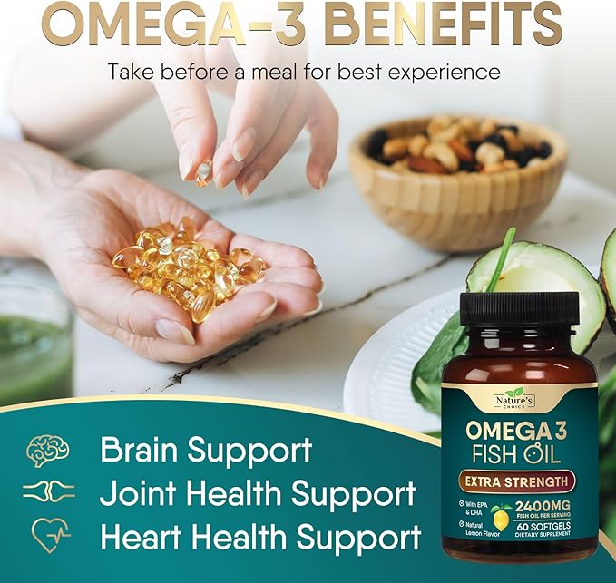 Triple Strength Omega 3 Fish Oil Supplement, EPA & DHA Fish Oil Omega 3 Essential Fatty Acids Supplement Softgels, 2400 mg Brain & Heart Health Support Supplements, Gluten Free, Non-GMO, 60 Softgels
