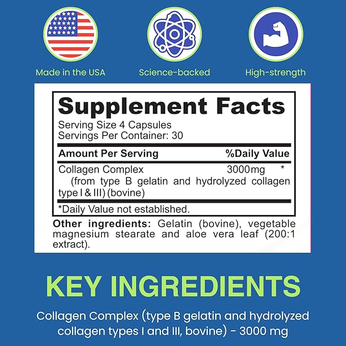 Sigma Biotics Collagen Peptides - Hydrolyzed Collagen Capsules for Hair, Skin, Nails, and Joint Support - High-Strength Collagen Supplements with Type I & III - 3000 mg per Serving - 120 Pills