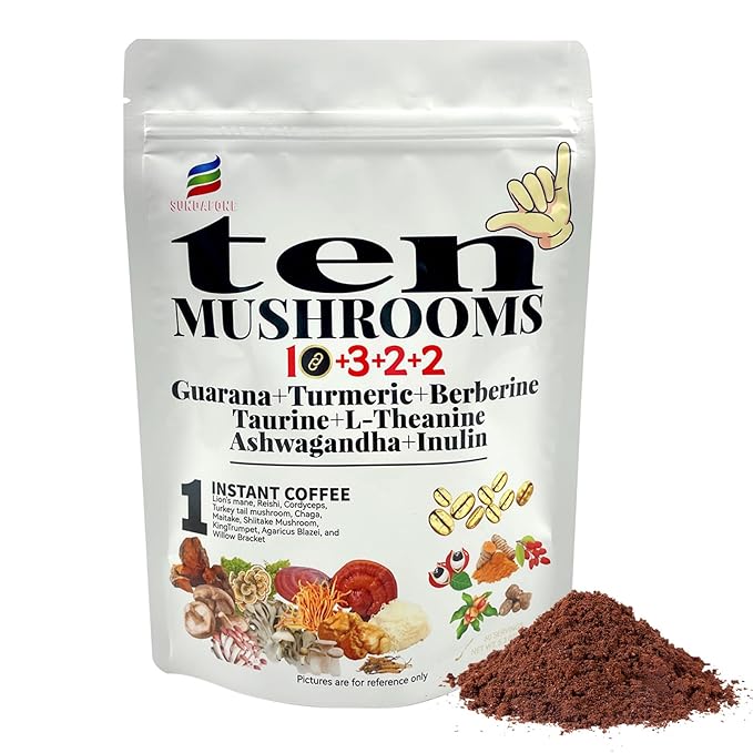 17-in-1 Mushroom Coffee with Guarana, Turmeric, Berberine, Taurine, L-Theanine, Ashwagandha & Inulin for Focus, Energy, Immunity, Stress Relief & Digestive Health-10 Mushroom Instant Coffee (60 Srvs)